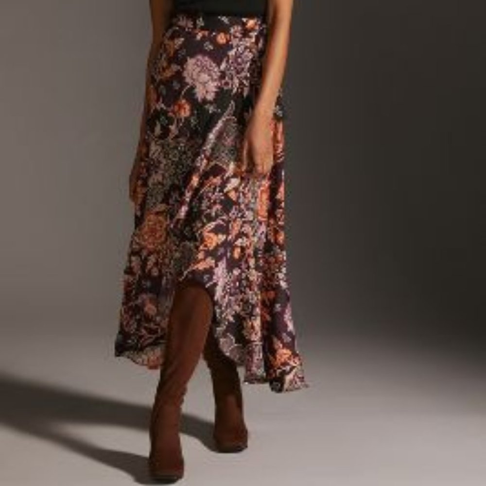 Anthropologie Maeve Ruffled Wrap Maxi Skirt in Purple Motif - Floral Plum - NWT